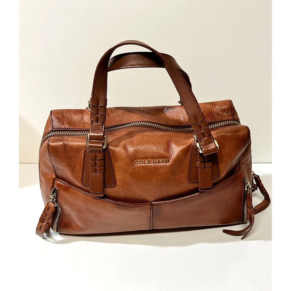 Cole Haan Cognac Leather Satchel Braided Handle Doctor Bag Brown Gold Hardware
